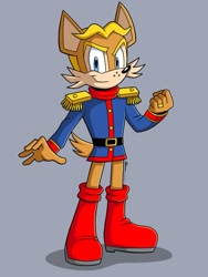 Size: 640x849 | Tagged: safe, artist:silvers_rings, antoine d'coolette, coyote, belt, blue eyes, boots, brown fur, fist, jacket, looking at viewer, male, solo, wedding ring