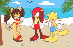 Size: 1280x848 | Tagged: safe, artist:mary7ka55778, honey the cat, mighty the armadillo, ray the flying squirrel, bird, cat, flying squirrel, squirrel, 2024, beach, bikini, blushing, clam, daytime, eyes closed, female, honey x mighty, laughing, literal animal, looking at them, male, palm tree, sandals, seagull, shipping, starfish, straight, swimming trunks, swimsuit, trio