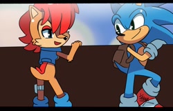 Size: 1614x1040 | Tagged: safe, artist:sonicboomnextgen, sally acorn, sonic the hedgehog, chipmunk, hedgehog, 2020, bag, carrying on shoulder, daytime, duo, female, looking at each other, male, sally x sonic, sally's vest and boots, shipping, smile, smiling at each other, straight