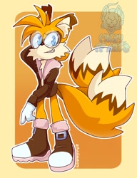 Size: 1000x1300 | Tagged: safe, artist:mickytubby, miles "tails" prower, 2026, aged up, aviator jacket, boots, ear fluff, fur markings, glasses, jacket, looking at viewer, outline, signature, smile, solo, standing, teenager
