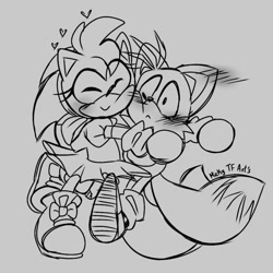 Size: 1000x1000 | Tagged: safe, artist:mickytubby, amy rose, miles "tails" prower, 2025, :<, amybetes, blushing, blushing ears, classic amy, classic tails, cute, duo, eyes closed, frown, grey background, heart, hugging, line art, shipping, signature, simple background, smile, straight, surprise hug, surprised, tailabetes, tailamy, treads