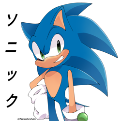 Size: 2048x2048 | Tagged: safe, artist:nekoaishan, sonic the hedgehog, 2026, chip's necklace, hand on hip, japanese text, looking at viewer, signature, simple background, smile, solo, standing, text, white background