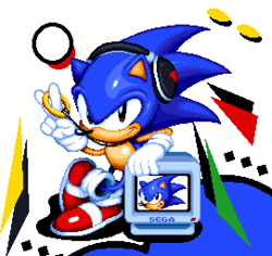 Size: 542x511 | Tagged: safe, artist:thehyperpixel8, sonic the hedgehog, 2026, abstract background, classic sonic, friday night funkin, headphones, leaning, life monitor, mod, monitor, necklace, pixel art, ring, sega logo, smile, solo, sonic jam, standing