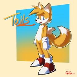 Size: 2000x2000 | Tagged: safe, artist:giga, miles "tails" prower, 2022, character name, english text, looking at viewer, mouth open, one fang, signature, smile, solo, standing, text
