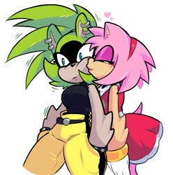 Size: 857x865 | Tagged: safe, artist:_rotshi_, amy rose, surge the tenrec, 2026, crack shipping, duo, heart, kiss, kiss on cheek, lesbian, shipping, simple background, standing, surgamy, valentine's day, white background