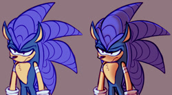 Size: 900x495 | Tagged: safe, artist:virune, oc, oc:knight the pangolin, 2024, bandage, brown background, chest fluff, duality, frown, fusion, fusion:mighty, fusion:sonic, looking offscreen, oc is not amused, oc only, pangolin, simple background, solo, standing, unamused