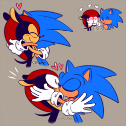 Size: 850x850 | Tagged: safe, artist:virune, mighty the armadillo, sonic the hedgehog, 2024, blushing, cute, duo, embarrassed, flat colors, gay, grey background, heart, hugging, kiss, mightabetes, shipping, signature, simple background, smile, sonabetes, sonighty, standing