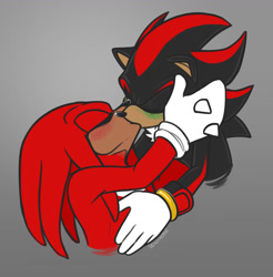 Size: 1277x1300 | Tagged: safe, artist:crypticruins, knuckles the echidna, shadow the hedgehog, 2024, blushing, duo, eyes closed, gay, gradient background, green blush, holding each other, kiss, knuxadow, looking at each other, shipping