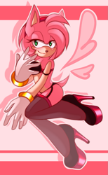 Size: 807x1308 | Tagged: suggestive, artist:mintch0c0late, amy rose, 2014, blushing, bra, garter, heart, heels, lidded eyes, looking at viewer, outline, smile, solo, stockings, stupid sexy amy