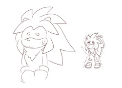 Size: 1500x1080 | Tagged: safe, artist:smallpwbbles, oc, oc:cyan the hedgehog, hedgehog, 2024, ask response, crying, duality, frown, fusion, fusion:silver, fusion:sonic, line art, looking offscreen, monochrome, nervous, oc only, shivering, simple background, solo, standing, sweatdrop, tears, white background