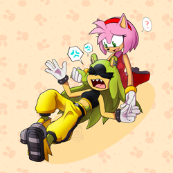 Size: 1919x1919 | Tagged: safe, artist:catwellcomics, amy rose, surge the tenrec, annoyed, crack shipping, cute, female, females only, lesbian, shipping, sitting, surgamy