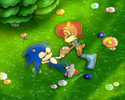Size: 2000x1600 | Tagged: safe, artist:asahinarushika, sally acorn, sonic the hedgehog, chipmunk, hedgehog, 2026, daytime, duo, female, flower, grass, holding each other, holding hands, lying down, male, plant, sally x sonic, sally's vest and boots, shipping, sleeping, straight, sunlight, tree