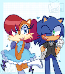 Size: 2000x2295 | Tagged: safe, artist:owoorie, sally acorn, sonic the hedgehog, chipmunk, hedgehog, 2026, alternate outfit, blushing, bowtie, clothes, dress, duo, female, heart, male, sally x sonic, sally's vest and boots, shipping, smile, straight, suit, watermark