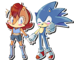 Size: 716x584 | Tagged: safe, artist:jaesquared, sally acorn, sonic the hedgehog, chipmunk, hedgehog, 2014, blushing, chibi, cute, duo, female, male, noticing, sally x sonic, sally's ringblader outfit, shipping, standing, straight, transparent background