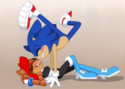 Size: 2048x1451 | Tagged: safe, artist:kittytale, sally acorn, sonic the hedgehog, chipmunk, hedgehog, 2026, blushing, duo, eyes closed, female, gradient background, happy, lying down, male, robot, roboticized, sally x sonic, sally's ringblader outfit, shipping, snuggling, straight