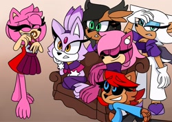 Size: 2048x1451 | Tagged: safe, artist:kittytale, amy rose, blaze the cat, nicole the hololynx, rouge the bat, sally acorn, sonia the hedgehog, bat, cat, chipmunk, hedgehog, lynx, 2026, clothes, clothes hanger, dress, eyebrow clipping through hair, facepalm, female, floppy ears, gradient background, grin, group, headphones, holding something, leaning on something, robot, roboticized, sally's ringblader outfit, simple background, sitting, smile, sofa, standing