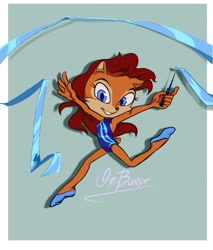 Size: 2048x2409 | Tagged: safe, artist:oriburst2024, sally acorn, chipmunk, 2026, alternate outfit, clothes, female, gymnastic outfit, holding something, looking at viewer, simple background, solo