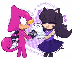 Size: 2048x1667 | Tagged: safe, artist:woniksonik, espio the chameleon, oc, 2026, blushing, canon x oc, duo, heart, holding hand, obtrusive watermark, shipping, smile, standing, straight, watermark