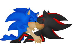 Size: 4066x2480 | Tagged: artist needed, source needed, safe, shadow the hedgehog, sonic the hedgehog, barefoot, blushing, duo, eyes closed, gay, gloves off, kiss, shadow x sonic, shipping, simple background, transparent background