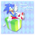 Size: 900x900 | Tagged: safe, artist:resuku, sonic the hedgehog, hedgehog, 2014, birthday, border, english text, gift box, happy birthday, lineless, looking at viewer, male, present, sitting, smile, solo, sonic boom (tv), text, treads, v sign