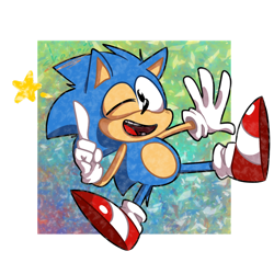 Size: 1280x1280 | Tagged: safe, artist:shawzii--drawz, sonic the hedgehog, sonic mania, 2019, abstract background, classic sonic, mid-air, mouth open, pointing, semi-transparent background, solo, star (symbol), treads, wink