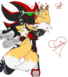 Size: 800x904 | Tagged: safe, artist:nine.s_wife, miles "tails" prower, shadow the hedgehog, 2025, blushing, carrying them, duo, flat colors, gay, heart, heart tail, holding each other, nine x shadow, shadow x tails, ship name, shipping, signature, simple background, smile, sonic riders, standing, white background