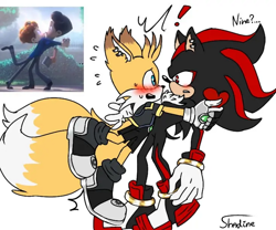 Size: 600x500 | Tagged: safe, artist:nine.s_wife, miles "tails" prower, shadow the hedgehog, 2025, blushing, dialogue, duo, english text, exclamation mark, flat colors, gay, heart, holding each other, looking at each other, nine x shadow, reference inset, shadow x tails, ship name, shipping, standing, standing on one leg, surprised, sweatdrop, text, tripping