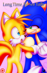 Size: 1100x1700 | Tagged: safe, artist:sinnertee, miles "tails" prower, sonic the hedgehog, comic:long time no see tails, 2016, absurd res, comic, comic cover, duo, gay, gradient background, holding hands, lidded eyes, looking at each other, mouth open, one eye closed, shipping, smile, sonic x tails, standing