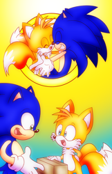 Size: 1100x1700 | Tagged: safe, artist:sinnertee, miles "tails" prower, sonic the hedgehog, comic:long time no see tails, 2016, absurd res, box, comic, duo, eyes closed, gay, gradient background, hugging, looking at each other, mouth open, shipping, smile, sonic x tails, standing