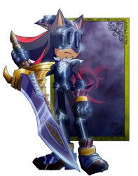 Size: 1280x1626 | Tagged: safe, artist:penthousedragon, shadow the hedgehog, hedgehog, sonic and the black knight, 2019, holding something, knight armor, looking offscreen, male, sir lancelot, solo, sword, weapon